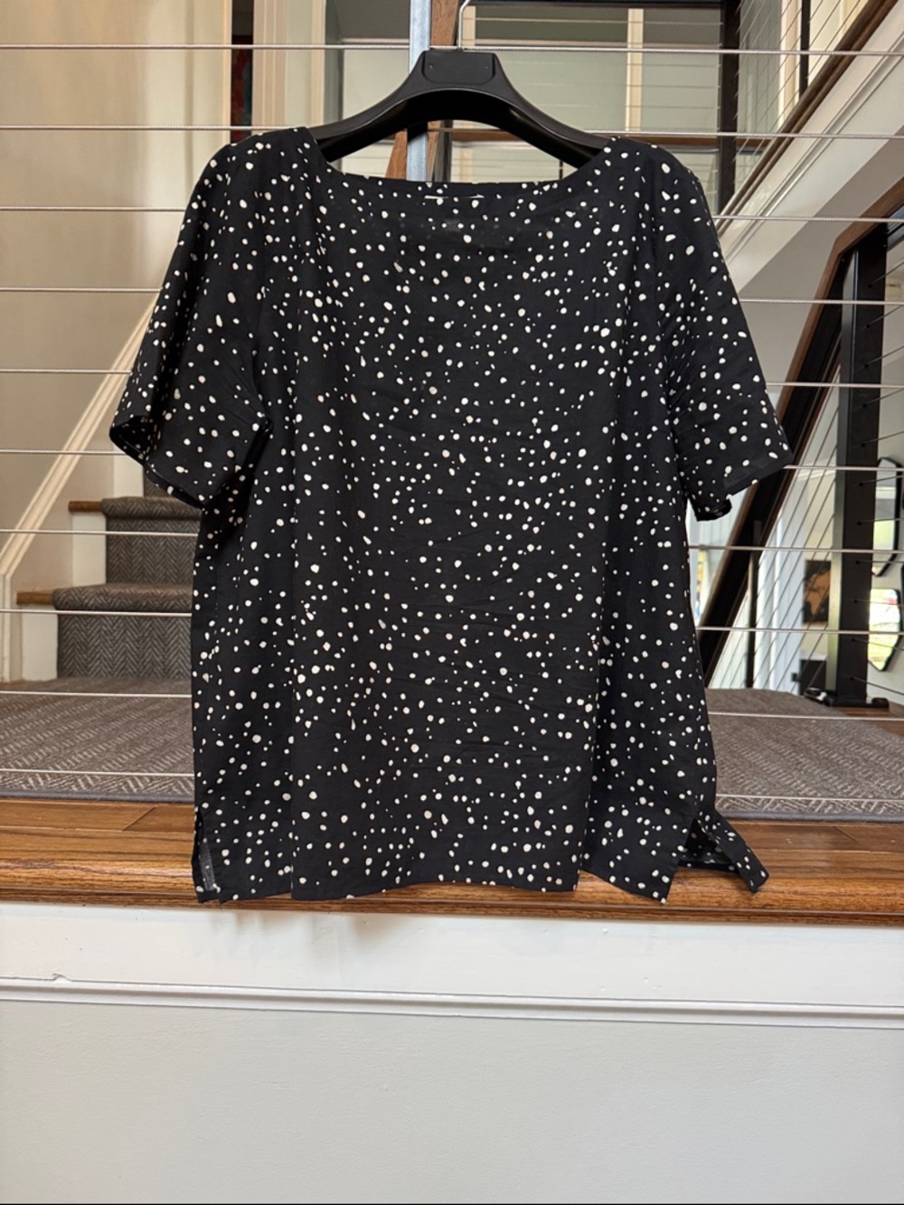 Eileen Fisher Black Short Sleeve Polka Dot Blouse - almost sheer cotton